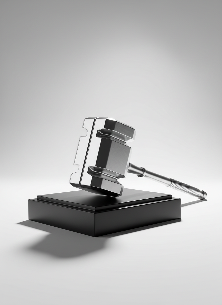 A sleek, metallic gavel with sharp, angular edges and a highly polished surface reflecting crisp light, resting on a minimalist matte black platform. The background is pure white with a slight gradient, directing all attention to the subject. Strong directional lighting from stage left casts a dramatic, defined shadow across the base, emphasizing the gavel's contours and symbolizing bold decisions. The composition is clean and centered, with a slightly elevated angle that conveys authority and clarity. The overall mood is powerful and assertive, featuring photographic realism with a minimalist aesthetic—perfectly capturing the bold spirit of political commentary and justice.