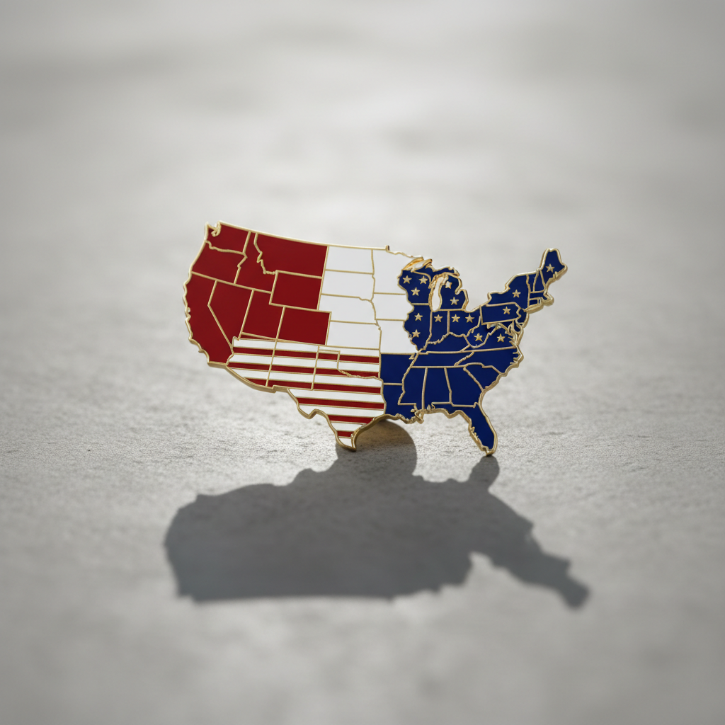 A vibrant red, white, and blue enamel pin shaped like the outline of the United States, its surface impeccable and glossy with precisely segmented color fields. The pin is placed on a smooth concrete slab, completely cleared of distractions, enhancing its symbolism. Sharp overhead lighting creates crisp, defined shadows beneath the pin, while subtle reflections add dimensionality. The image is framed using rule of thirds, shot at a low, eye-level perspective to amplify its presence. The mood is bold and optimistic, rendered in photographic realism with a clean, modern aesthetic. This representation speaks to patriotism and the complexities of nationhood on a blog examining US government dynamics.